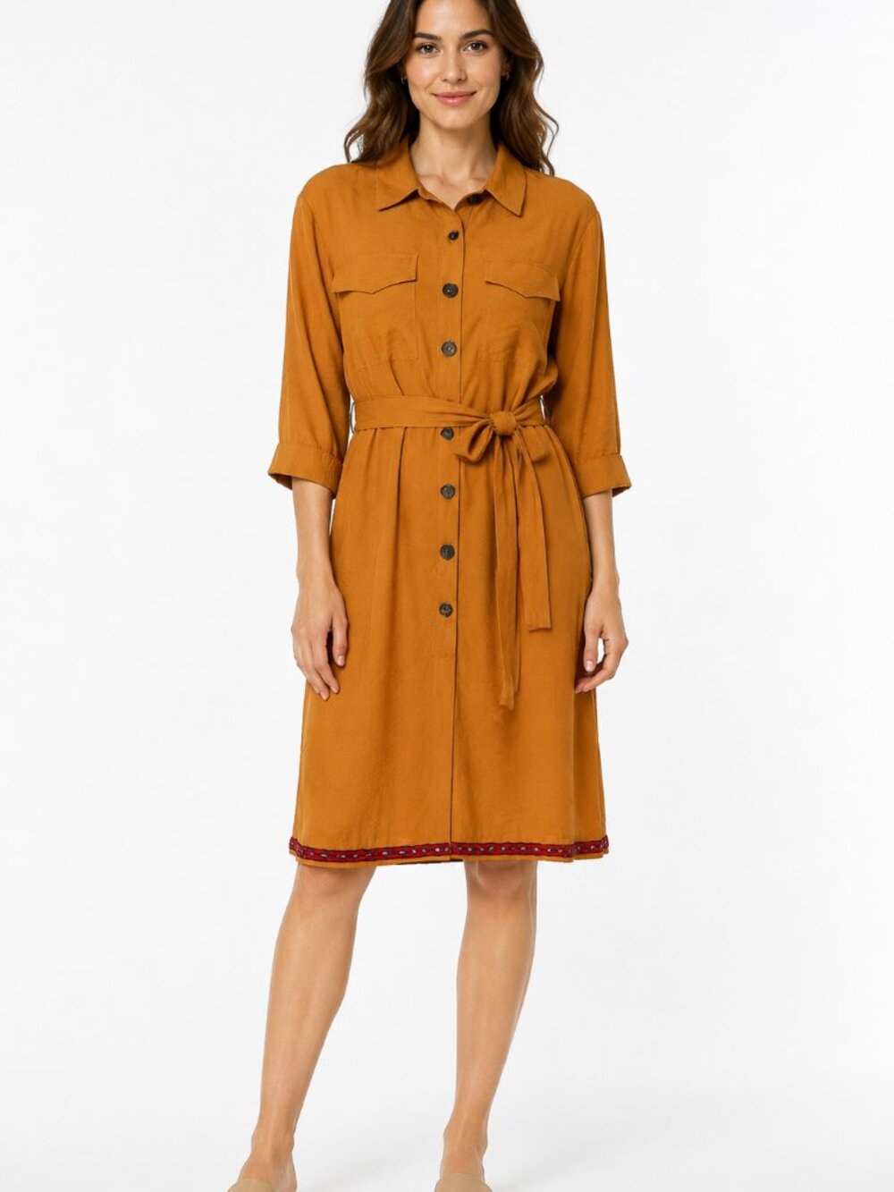 PIECES Mustard Yellow Utility Shirt Dress Embroidered Hem L